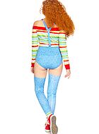 Female Chucky from Child's Play, teddy costume, off shoulder, buttons, colorful stripes